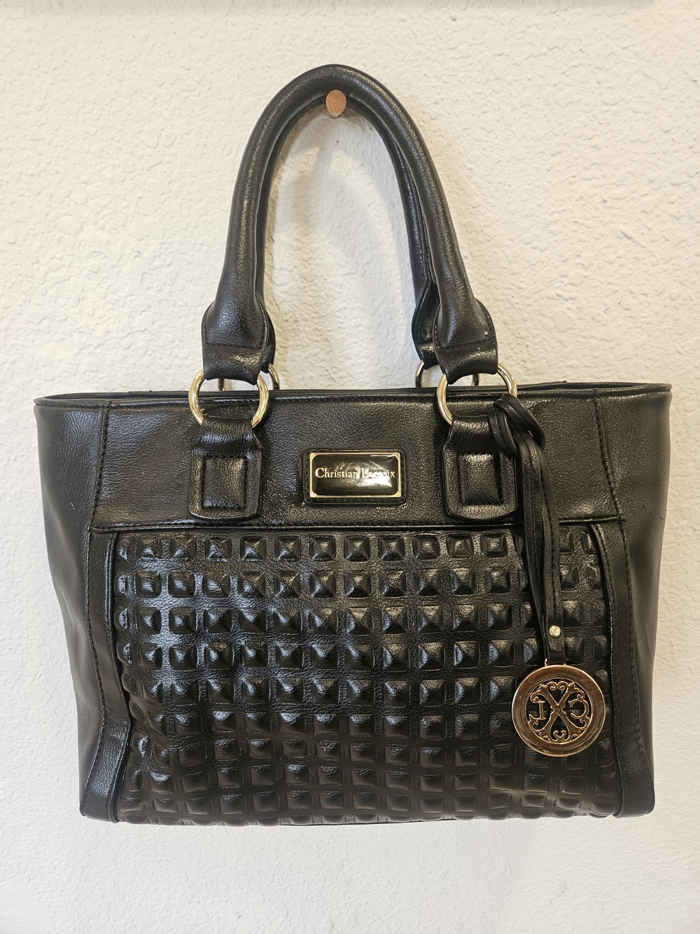 Christian Lacroix Black Studded Textured Satchel Tote Bag